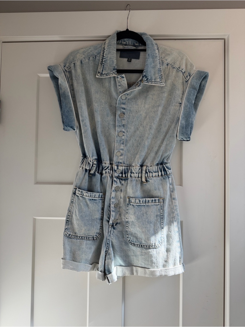 BlankNYC XS Light Wash Denim Short-Sleeve Romper - Light Blue